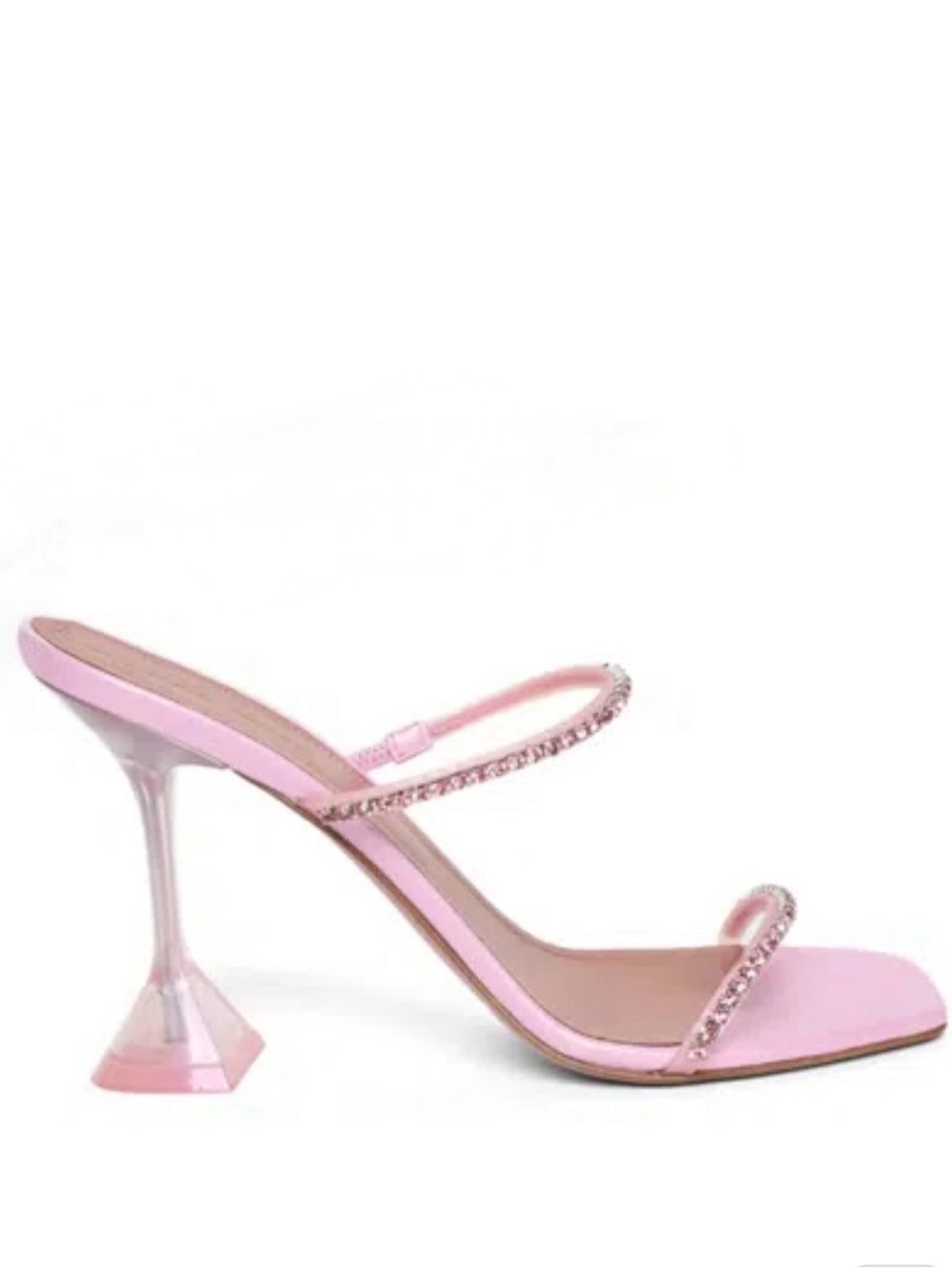 Amina Muaddi Pink Crystal Strap Block Heel Sandals